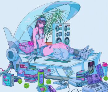 1girl ball cat denim denim_shorts game_boy_advance game_boy_advance_sp game_console goggles goggles_on_head handheld_game_console highres long_hair looking_at_viewer midriff najuco_(naju0517) object_request original pillow plant playstation_2 playstation_controller retrofuturism shorts simple_background sitting solo speaker strapless tennis_ball toy tube_top white_background white_cat y2k_fashion