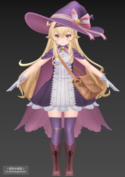 1girl 3d bag blonde_hair boots breasts brown_boots cape closed_mouth concept_art dress flame_witch_fran full_body gloves hairband hat hat_ribbon highres little_witch_nobeta long_hair nobeta nobeta_(witch_skin) official_art purple_cape purple_hat purple_thighhighs red_eyes ribbon shoulder_bag simple_background small_breasts solo standing thighhighs very_long_hair white_gloves witch_hat zettai_ryouiki