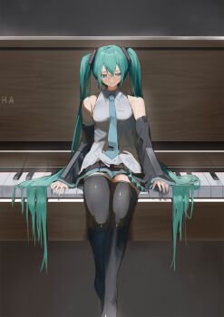 1girl absurdly_long_hair aqua_eyes aqua_hair aqua_nails aqua_necktie aqua_trim bare_shoulders black_skirt boots breasts closed_mouth commentary_request detached_sleeves grey_shirt hair_between_eyes hair_ornament hatsune_miku highres instrument long_hair long_sleeves medium_breasts necktie piano pleated_skirt pocche-ex shirt sitting sitting_on_piano skirt sleeveless sleeveless_shirt smile solo thigh_boots twintails very_long_hair vocaloid