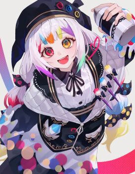 Rule 34 | 1girl, :d, artist painter, beret, black jacket, black skirt, blunt bangs, bow, collared shirt, commentary request, hat, heterochromia, holding, holding spray can, jacket, jogasaki noah, korean commentary, long hair, long sleeves, looking at viewer, mahou shoujo no majo saiban, multi-tied hair, multicolored hair, neck ribbon, open mouth, paintbrush, polka dot, polka dot bow, red eyes, ribbon, shan (shan 29387473), shirt, skirt, smile, solo, spray can, standing, streaked hair, white hair, white shirt, yellow eyes