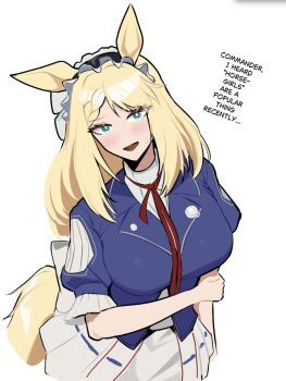 1girl :d animal_ears aqua_eyes blonde_hair blush breasts centaureissi_(girls'_frontline_2) commentary english_text g36_(girls'_frontline) girls'_frontline girls'_frontline_2:_exilium highres horse_ears horse_tail large_breasts looking_at_viewer open_mouth pleated_skirt romaji_commentary simple_background skirt smile solo sskai sweatdrop tail white_background