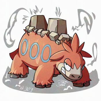 camerupt clenched_teeth full_body gen_3_pokemon mistray-art nintendo numbered pink_fur pokemon pokemon_(creature) signature solo teeth