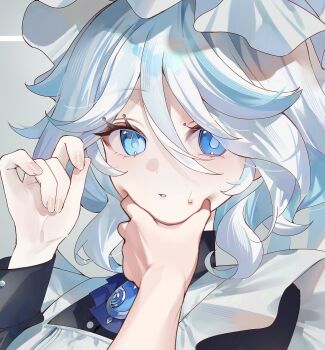 1girl 1other alternate_costume annotated apron ascot blue_ascot blue_hair brooch colored_inner_hair commentary enmaided furina_(genshin_impact) genshin_impact grey_background hand_up hat highres jewelry long_sleeves looking_at_viewer maid mob_cap multicolored_hair pov_cheek_grabbing_(meme) solo_focus upper_body white_apron white_hair white_hat yukiusagi_(snowrabbit0508)