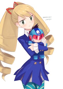 1girl absurdres blonde_hair blue_dress blue_pantyhose bow dress drill_hair geo_stelar_(mega_man) green_eyes hair_bow highres holding holding_stuffed_toy long_hair looking_at_viewer luna_platz_(mega_man) mega_man_(series) mega_man_star_force_(series) pantyhose simple_background star_force_mega_man striped_clothes striped_pantyhose stuffed_animal stuffed_toy taishou_(yzkt3453) twin_drills very_long_hair white_background