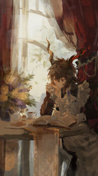 1boy alternate_costume animal_ears apron arknights ascot black_dress black_hair book commentary cookie crossdressing crossdressing_(mtf) cup curtains dress ebenholz_(arknights) enmaided flower food frilled_apron frills goat_boy goat_ears goat_horns head_rest highres horns indoors long_sleeves looking_down maid male_focus open_book plate purple_eyes reading rose sitting solo tablecloth teacup teapot tomamo09 vase white_apron white_ascot window yellow_flower yellow_rose