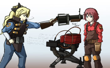 10s 2girls amputee armless_amputee blind blonde_hair blu_demoman_(tf2) blue_eyes bomb_suit cosplay cyzir_visheen demoman_(tf2) double_amputee engineer_(tf2) explosive grenade grenade_launcher highres katawa_shoujo long_hair multiple_girls no_arms ponytail red_engineer_(tf2) red_hair revolver_grenade_launcher satou_lilly sentry short_hair team_fortress_2 tezuka_rin the_demoman_(cosplay) the_engineer_(cosplay) weapon