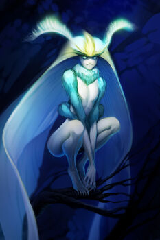 Rule 34 | 1girl, aged down, antenna hair, antennae, aqua fur, arthropod girl, audranasa, bare tree, berserk, body fur, claws, closed mouth, colored skin, commentary, compound eyes, dark, english commentary, fingernails, flat chest, glowing, hair wings, highres, insect girl, insect wings, looking at viewer, moth antennae, moth girl, moth wings, night, no nipples, nude, on branch, outdoors, rosine (berserk), sharp fingernails, sharp toenails, solo, squatting, toenails, tree, white skin, wings