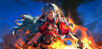 1girl absurdres ascot bang_dream! bang_dream!_it&#039;s_mygo!!!!! black_ascot black_corset black_wrist_cuffs blue_hair brooch chinese_commentary closed_eyes commentary_request corset earrings fire floating_hair highres jewelry long_hair mixed-language_commentary ne2op oblivionis_(bang_dream!) open_mouth red_shirt shirt short_sleeves sidelocks smile solo teeth togawa_sakiko upper_body upper_teeth_only wrist_cuffs