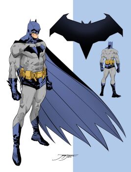 1boy artist_name batman batman_(series) batman_symbol belt biceps black_cape blue_cape blue_gloves bodysuit cape clenched_hands closed_mouth commentary concept_art dc_comics english_commentary full_body gloves grey_bodysuit highres horns jorge_jimenez mask multiple_views muscular muscular_male signature simple_background standing superhero_costume two-tone_cape utility_belt white_eyes yellow_belt