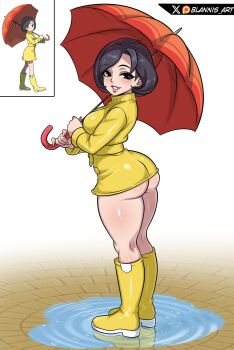 1girl absurdres artist_name ass black_eyes black_hair blannis blush boots breasts clothes_lift coat coat_lift eyebrows eyelashes eyeshadow female_focus fingernails from_side full_body grin highres huge_ass large_breasts lips long_fingernails long_sleeves looking_at_viewer looking_to_the_side makeup multiple_views nintendo no_panties outdoors parasol parasol_lady_(pokemon) pokemon pokemon_oras purple_eyeshadow raincoat reflection rubber_boots short_hair simple_background smile standing teeth umbrella water white_background yellow_boots yellow_coat