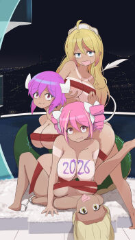 2026 4girls absurdres ahoge areola_slip blonde_hair blue_eyes breasts closed_mouth cow_girl cow_horns drill_hair gyaru hair_ribbon hanging_breasts highres horns jashin-chan jashin-chan_dropkick lamia large_breasts long_hair looking_at_viewer minos_(jashin-chan_dropkick) minos_drawfag monster_girl multiple_girls open_mouth pink_eyes pink_hair pino_(jashin-chan_dropkick) pointy_ears ribbon smile tachibana_mei_(jashin-chan_dropkick) tongue tongue_out twin_drills window yellow_eyes