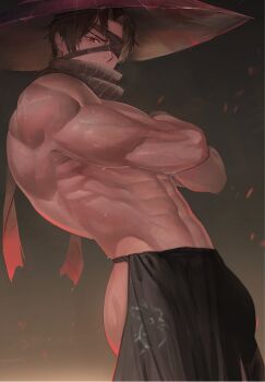 1boy abs branch brown_hair bulge commentary crossed_arms dark-skinned_male dark_skin hat heathcliff_(project_moon) heishou_pack-you_branch_(identity)_(project_moon) highres limbus_company male_focus muscular muscular_male naked_shirt navel one_eye_covered project_moon red_eyes scar scarf shirt sweat topless_male upper_body uyouu19