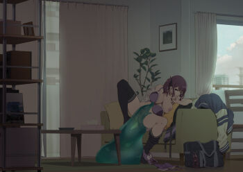 1girl 1other bestiality black_thighhighs blush bottomless bra breasts cevio commentary_request couch creature curtains hair_ribbon half-closed_eyes hand_to_own_mouth highres indoors large_breasts long_hair monster natsuki_karin no_pants on_couch one_breast_out open_bra open_clothes open_shirt panties panties_around_leg plant purple_bra purple_panties red_eyes red_hair ribbon shirt sitting slime_(creature) slime_(substance) slime_sex spread_legs synthesizer_v table takemura_sessyu thighhighs twintails underwear white_shirt window