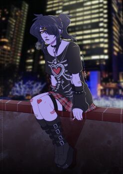 1girl absurdres ame-chan_(emo)_(needy_girl_overdose) ame-chan_(needy_girl_overdose) bandaid bandaid_on_arm black_arm_warmers black_hair black_sweater boots choker full_body hair_ornament hair_over_one_eye highres knees_up long_sidelocks needy_girl_overdose o-ring o-ring_choker official_alternate_costume parted_lips photo_background platform_boots red_skirt sidelocks sitting skeleton_print skirt solo sweater tempusumbra twintails x_hair_ornament