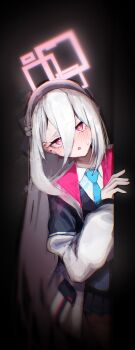 1girl absurdres aqua_necktie black_hairband black_jacket black_skirt blazer blue_archive blush braid bright_pupils commentary hair_between_eyes hairband half_up_braid halo head_tilt highres jacket kei_(blue_archive) kei_(new_body)_(blue_archive) long_hair long_hair_between_eyes looking_at_viewer necktie peeking_out pink_eyes pleated_skirt school_uniform shirt skirt solo spacetazune sweatdrop two-sided_fabric two-sided_jacket very_long_hair white_hair white_jacket white_pupils white_shirt