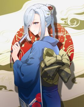 1girl absurdres alternate_costume arano_(waikuni11) blue_kimono breasts closed_mouth commentary_request flower folded_fan folding_fan from_behind genshin_impact grey_eyes hair_flower hair_ornament hand_fan hand_up highres holding holding_fan japanese_clothes kimono long_hair looking_at_viewer obi red_flower sash shenhe_(genshin_impact) smile solo white_hair yellow_sash