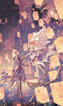 Rule 34 | 1boy, 1girl, black boots, black coat, black gloves, black shoes, boots, chaoxibumian, coat, commentary, commission, couple, dress, english commentary, full body, gloves, gondola, hetero, highres, holding hands, hood, hood down, hooded coat, lantern, long hair, love and deepspace, pink hair, protagonist (love and deepspace), purple hair, rafayel (love and deepspace), shoes, short hair, socks, veil, white socks, white veil