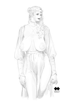 1girl arms_at_sides artist_logo artist_name body_piercings braid breastless_clothes breasts breasts_apart choker closed_mouth collarbone commentary cropped_legs cross_scar dress english_commentary eyelashes eyeliner female_pubic_hair fingernails forehead_tattoo godiva_ghoul greyscale hair_ornament hair_over_shoulder half_up_braid highres huge_breasts jewelry large_areolae light_blush lips lipstick logo long_fingernails long_hair long_sleeves looking_at_viewer looking_to_the_side makeup mature_female monochrome nipples nose one_eye_closed original parted_bangs pinky_out plug_(piercing) pubic_hair puffy_nipples puffy_sleeves ribbon sagging_breasts scar scar_on_chest sharp_fingernails side_slit sidelocks simple_background sketch smeared_lipstick solo standing tall_female tattoo third_eye wavy_hair white_background