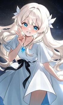 1girl absurdres black_ribbon blue_eyes commentary dress ender_lilies_quietus_of_the_knights english_commentary flower hair_flower hair_ornament highres jewelry lily_(ender_lilies) long_hair looking_at_viewer necklace ribbon simple_background smile solo thighs v white_dress white_hair zero0ex