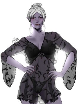 Rule 34 | 1girl, baldur's gate, baldur's gate 3, black bra, black panties, bra, chai rae, colored skin, dark elf, dungeons & dragons, elf, grey skin, hair bun, hands on own hips, highres, minthara, nail polish, panties, pointy ears, red eyes, see-through clothes, short hair, single hair bun, solo, standing, underwear, white background, white hair