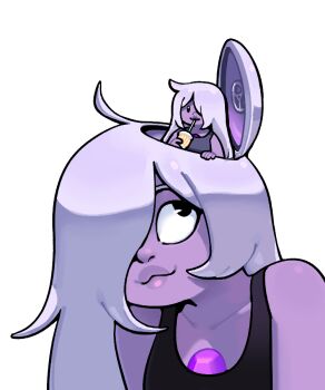 2girls :3 amethyst_(steven_universe) chest_jewel colored_skin discount-supervillain gem lips long_hair mini_person minigirl multiple_girls purple_gemstone purple_skin smile steven_universe
