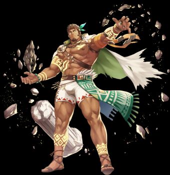 1boy abs amdera_(gyee) anklet arm_tattoo armlet bandaid bara bead_bracelet beads beard belt biceps bracelet brown_eyes brown_hair bulge cape chest_tattoo facial_hair feathers floating floating_rock glowing glowing_tattoo gyee highres jewelry large_pectorals leg_tattoo looking_at_viewer magic male_focus manly mature_male muscular muscular_arms muscular_legs muscular_male navel_hair necklace nipples non-web_source official_art pectorals pointy_hair rock sandals short_hair shorts skirt solo tattoo thick_eyebrows thighs topless_male transparent_background zifu