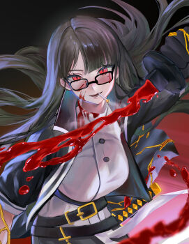 Rule 34 | absurdres, belt, black belt, black coat, black hair, blood, blood on eyewear, coat, commentary, contempt awe (e.g.o), e.g.o (project moon), english commentary, floating hair, glasses, handle, hemokinesis, highres, holding, katana, limbus company, long hair, looking at viewer, nekon (nyanekon), project moon, red eyes, ryoshu (project moon), shirt, sword, very long hair, weapon, white shirt