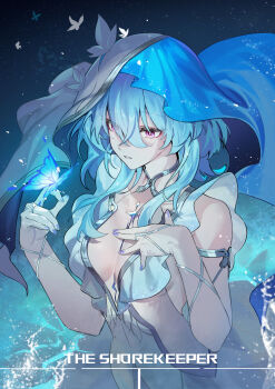 1girl absurdres blue_butterfly blue_hair blue_nails blue_veil breasts bug butterfly butterfly_on_hand character_name collarbone commentary english_commentary english_text highres insect lx.hk medium_hair purple_eyes shorekeeper_(wuthering_waves) solo two-tone_veil veil white_veil wuthering_waves