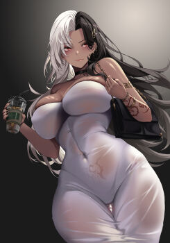 arm_tattoo armlet arms_up bag bare_shoulders black_bag black_choker black_hair black_nails black_panties bracelet breasts choker cleavage commentary commission covered_navel cup curtained_hair dark_skin dongtan_dress dress drinking_glass drinking_straw earrings english_commentary fingernails goddess_of_victory:_nikke gold_earrings gold_ring hair_ornament handbag highleg highleg_panties highres holding holding_cup huge_breasts impossible_clothes impossible_dress jewelry light_blush light_smile long_fingernails long_hair mad_kimo multicolored_hair multiple_earrings panties parted_bangs pubic_tattoo red_eyes rosanna_(nikke) see-through_clothes see-through_dress shoulder_bag simple_background split-color_hair standing tattoo two-tone_hair underwear very_long_hair white_dress white_hair