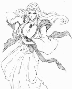 1girl black_sclera bleach breasts cleavage colored_sclera graphite_(medium) hollow_hole kubo_tite_(style) large_breasts long_hair matsumoto_rangiku rakusakugk shawl shihakusho solo traditional_media