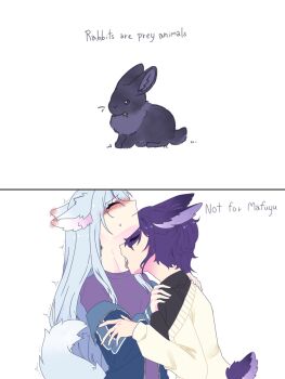 2girls animal_ears animalization asahina_mafuyu black_shirt blue_hair blue_jacket blush cardigan closed_eyes closed_mouth commentary ear_blush english_text highres jacket kemonomimi_mode licking licking_another&#039;s_neck long_hair multiple_girls project_sekai purple_shirt rabbit rabbit_ears rabbit_girl rabbit_tail shirt so_low4 symbol-only_commentary tail tongue tongue_out wolf_ears wolf_girl wolf_tail yellow_cardigan yoisaki_kanade yuri