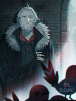 1boy beard bin_(bottle_crown) bird black_coat black_vest blue_eyes coat dolustoy facial_hair fletchling fur-trimmed_coat fur_trim gen_6_pokemon grey_hair highres jacket l_(pokemon) long_sleeves nintendo one_eye_closed open_clothes open_coat orange_shirt outdoors parted_lips pokemon pokemon_(creature) pokemon_legends:_z-a shirt vest white_hair