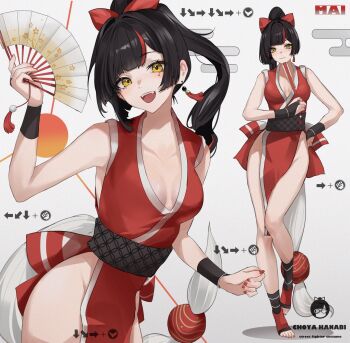 .akuma 1girl black_hair blush bow breasts character_name choya_hanabi closed_mouth cosplay earrings facial_mark folding_fan hair_bow hand_fan highres holding holding_fan japanese_clothes jewelry kimono multiple_views obi open_mouth red_bow red_kimono red_nails sash shiranui_mai shiranui_mai_(cosplay) teeth upper_teeth_only virtual_youtuber vspo! yellow_eyes