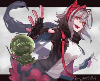 1girl antennae arknights artist_name black_gloves black_jacket black_scarf black_skirt commentary_request demon_horns explosive fingerless_gloves gloves grenade horns jacket memetaroh open_clothes open_jacket red_eyes red_nails scarf shirt short_hair skirt smile solo upper_body w_(arknights) white_hair white_shirt