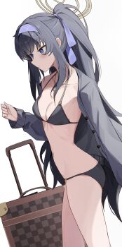 1girl absurdres bikini black_bikini black_hair black_shirt blue_archive blush breasts cleavage closed_mouth commentary_request hair_ribbon hairband halo highres long_hair looking_ahead medium_breasts navel official_alternate_costume official_alternate_hairstyle open_clothes open_shirt ponytail purple_hair purple_hairband purple_ribbon ribbon shirt solo stomach swimsuit udonpan ui_(blue_archive) ui_(swimsuit)_(blue_archive) yellow_halo