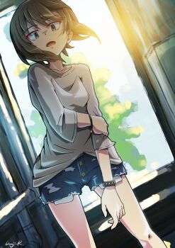 Rule 34 | 1girl, absurdres, blue shorts, bracelet, brown eyes, brown hair, casual, eyes visible through hair, from below, girls und panzer, grey shirt, hair between eyes, hand on own arm, highres, indoors, jewelry, kuroneko douji, long sleeves, looking at viewer, nishizumi maho, open mouth, shirt, short hair, shorts, solo, spiked bracelet, spikes, sun, sunlight