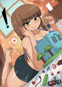 ! 1girl absurdres barefoot bed bedroom black_shorts blue_shirt blush book breasts brown_hair cleavage collarbone doki_doki_literature_club grass green_eyes head_rest headset heart highres holding holding_toy lamp large_breasts lego lego_minifig long_hair looking_at_viewer lying midriff monika_(doki_doki_literature_club) natsuki_(doki_doki_literature_club) on_bed on_stomach pillow prison protagonist_(doki_doki_literature_club) seductive_gaze seductive_smile shirt shorts smile sparkle speech_bubble spoken_heart sword tank_top the_lego_group the_pose thick_thighs thighs tony_welt toy tree weapon window yuri_(doki_doki_literature_club)