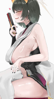 1girl absurdres armpit_crease armpits black_hair blue_archive breasts bridal_gauntlets crossed_legs deep_skin earrings fan female_pervert folded_fan folding_fan from_side halo hand_fan heart heavy_breathing highres holding holding_fan hoop_earrings horns huge_breasts japanese_clothes jewelry kimono looking_at_viewer looking_to_the_side miz_blank mole mole_under_eye nipple_slip nipples niya_(blue_archive) open_mouth orange_horns pervert short_hair sideboob sideless_kimono single_bridal_gauntlet single_thighhigh skindentation sleeveless sleeveless_kimono solo steam steaming_body sweat thick_thighs thighhighs thighs unusually_open_eyes wavy_mouth white_halo white_kimono white_thighhighs