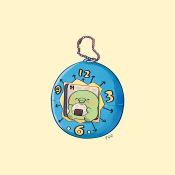 Rule 34 | blush stickers, closed eyes, colored skin, commentary, creature, creature focus, eating, food, green skin, holding, holding food, kuchipatchi, no humans, onigiri, simple background, sitting, solo, tamagotchi, tamagotchi (classic), tamagotchi (creature), tamagotchi (virtual pet), tenmiyakiyo, virtual pet (toy), yellow background