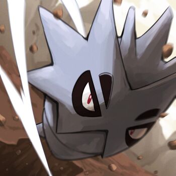 absurdres debris gen_2_pokemon highres looking_at_viewer nintendo no_humans pokemon pokemon_(creature) pupitar red_eyes solo spicyichizo