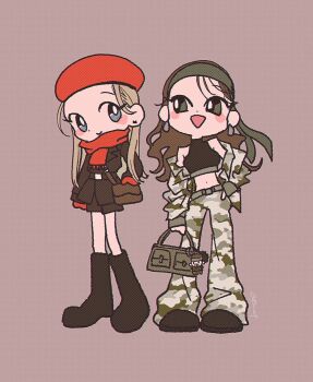 Rule 34 | 2girls, bandana, beret, big boss, black jacket, black shoes, blonde hair, blue eyes, brown hair, camouflage, camouflage jacket, camouflage pants, character doll, commentary, cosplay, doll, earrings, english commentary, gloves, green bandana, green eyes, hand on own hip, hat, highres, jacket, jewelry, long hair, metal gear (series), metal gear solid 3: snake eater, multiple girls, naked snake, naked snake (cosplay), original, pants, red gloves, red hat, red scarf, revolver ocelot, revolver ocelot (cosplay), rize art, scarf, shirt, shoes, sleeveless, sleeveless shirt, smile