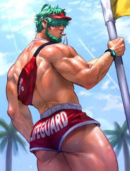 1boy alternate_muscle_size ass back bara beard carless_(ppanic) commentary commission english_commentary facial_hair fire_emblem fire_emblem:_the_blazing_blade glint green_hair hair_over_eyes highres lifeguard light_rays lowen_(fire_emblem) male_focus muscular muscular_male nintendo outdoors short_hair solo sunbeam sunlight visor_cap watch whistle whistle_around_neck wristwatch