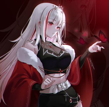 1girl akane_lize alternate_hair_color bare_shoulders belt black_shirt black_shorts breasts cape closed_mouth cowboy_shot crop_top fur_trim highres ika_(4801055) large_breasts long_hair midriff multicolored_hair off_shoulder red_cape red_eyes see-through_cleavage see-through_clothes shirt shorts sleeveless sleeveless_shirt solo stellive streaked_hair tiara very_long_hair virtual_youtuber white_hair zoom_layer