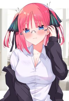 1girl adjusting_clothes bespectacled black_jacket black_ribbon blue_eyes blush border breasts butterfly_hair_ornament cleavage closed_mouth collared_shirt commentary_request dress glasses go-toubun_no_hanayome hair_ornament hair_ribbon highres jacket large_breasts letterboxed looking_at_viewer medium_hair nakano_nino open_clothes open_jacket outside_border pink_hair profnote ribbon rimless_eyewear shirt solo two_side_up upper_body white_border white_shirt