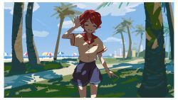 Rule 34 | ^ ^, beach, beach umbrella, blue shorts, character request, closed eyes, cloud, cloudy sky, copyright request, day, facing viewer, highres, landscape, ocean, outdoors, palm-fist greeting, red hair, rii (mrhc7482), shadow, shirt, short hair, shorts, sky, smile, tree, umbrella, white shirt