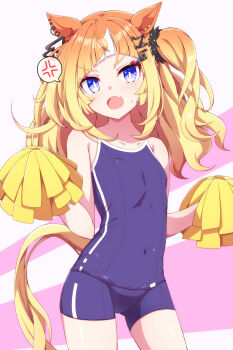 1girl anger_vein animal_ears bare_shoulders blue_eyes blue_one-piece_swimsuit blush breasts brown_hair cheerleader collarbone commentary_request competition_school_swimsuit covered_navel espoir_city_(umamusume) fang hair_ornament highres hiro_(pqtks113) holding holding_pom_poms horse_ears horse_girl horse_tail long_hair looking_at_viewer multicolored_hair one-piece_swimsuit one_side_up open_mouth orange_hair pom_pom_(cheerleading) pom_poms school_swimsuit single_vertical_stripe skin_fang small_breasts solo spoken_anger_vein swimsuit tail tracen_swimsuit umamusume