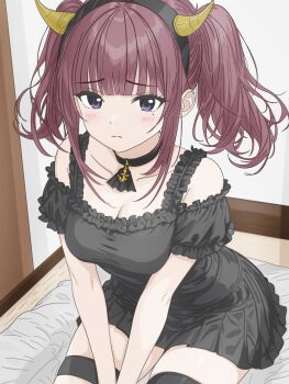 1girl absurdres arms_between_legs bare_shoulders between_legs black_choker black_dress black_hairband blunt_bangs blush breasts choker cleavage closed_mouth collarbone commentary_request demon_horns dress fake_horns frilled_dress frills hairband hand_between_legs highres horns indoors looking_at_viewer medium_breasts mole mole_under_eye natsuki_karin off-shoulder_dress off_shoulder on_bed purple_eyes short_dress short_sleeves sidelocks sitting solo synthesizer_v thigh_strap twintails v-lab v_arms