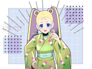 1girl blonde_hair blue_background blue_eyes border cowboy_shot green_kimono japanese_clothes kimono long_hair mega_man_(series) mega_man_x_(series) pallette_(mega_man) rikka_(user_hruv2435) robot_ears simple_background solo twintails twitter_username watermark white_border
