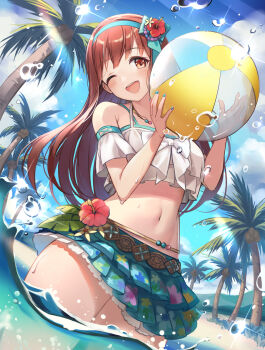 1girl ball beach beachball blue_hairband blue_nails blue_skirt blue_sky brown_eyes brown_hair coconut_tree commentary cowboy_shot day floral_print floral_print_skirt flower frilled_skirt frills hair_flower hair_ornament hairband hibiscus highres holding holding_ball holding_beachball idolmaster idolmaster_million_live! idolmaster_million_live!_theater_days long_hair nail_polish navel official_alternate_costume one_eye_closed open_mouth outdoors palm_tree print_skirt skirt sky smile solo standing swimsuit tanaka_kotoha teeth tree tropical tuna_picture upper_teeth_only wading water