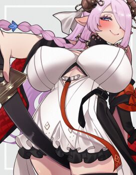 1girl black_collar black_horns black_jacket blue_eyes blush breasts changli_(wuthering_waves) changli_(wuthering_waves)_(cosplay) closed_mouth collar commentary_request cosplay cowboy_shot dress granblue_fantasy hair_extensions hair_ornament hair_over_one_eye highres holding holding_sword holding_weapon horns huge_breasts jacket long_hair looking_at_viewer narmaya_(granblue_fantasy) pink_hair ring_hair_extensions smile solo sword sword_between_thighs thighs utani_(punishment) weapon white_dress wuthering_waves